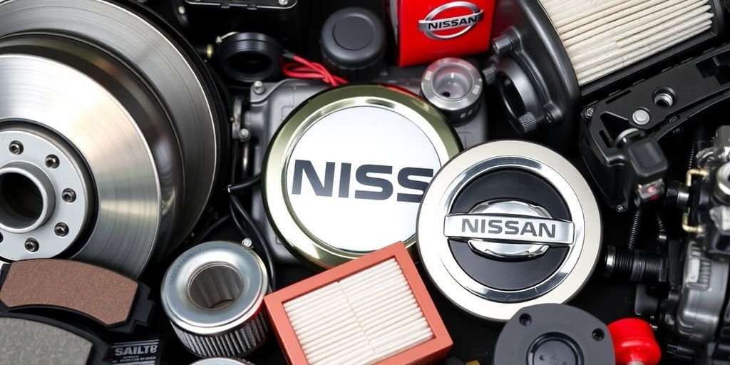 Close-up of Nissan spare parts arranged neatly.