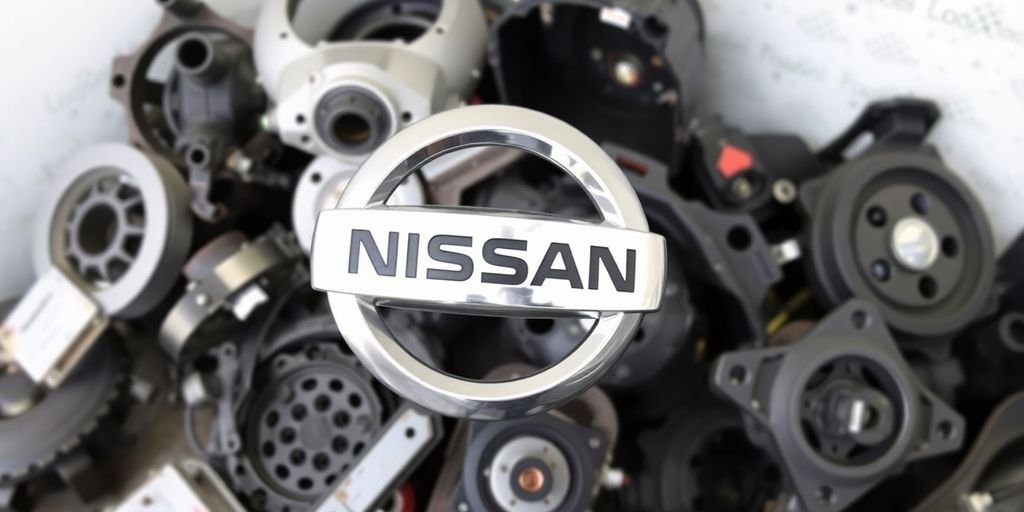 Nissan logo and various car parts.