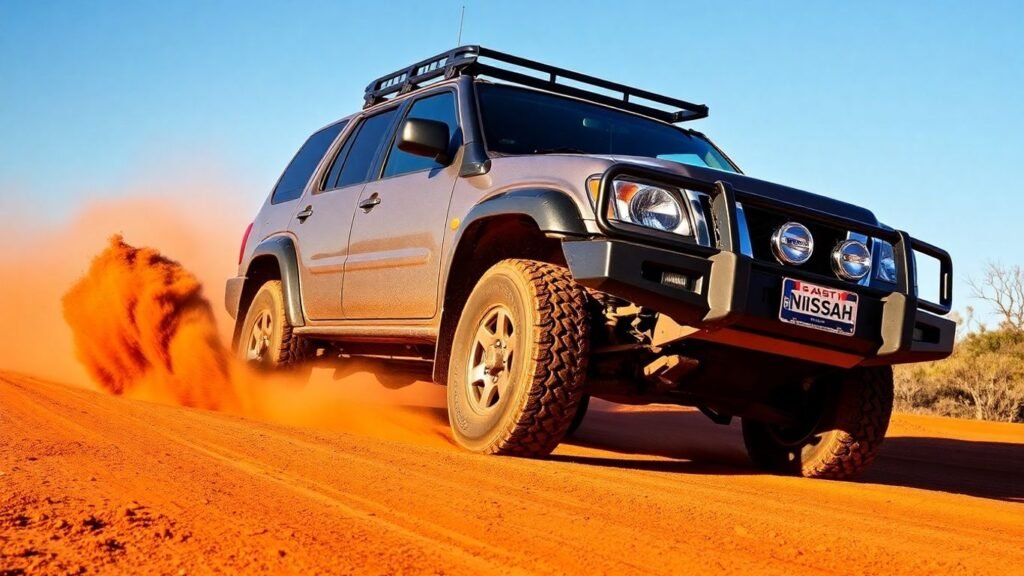 Nissan 4x4 driving on a dusty Australian outback trail.