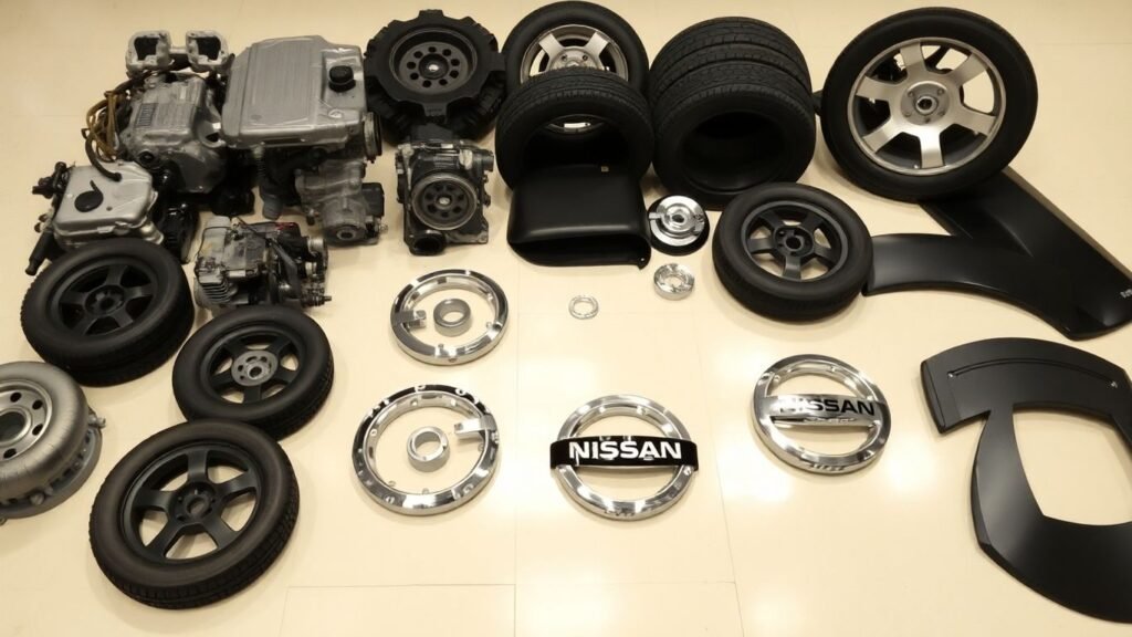 Various Nissan car parts laid out.