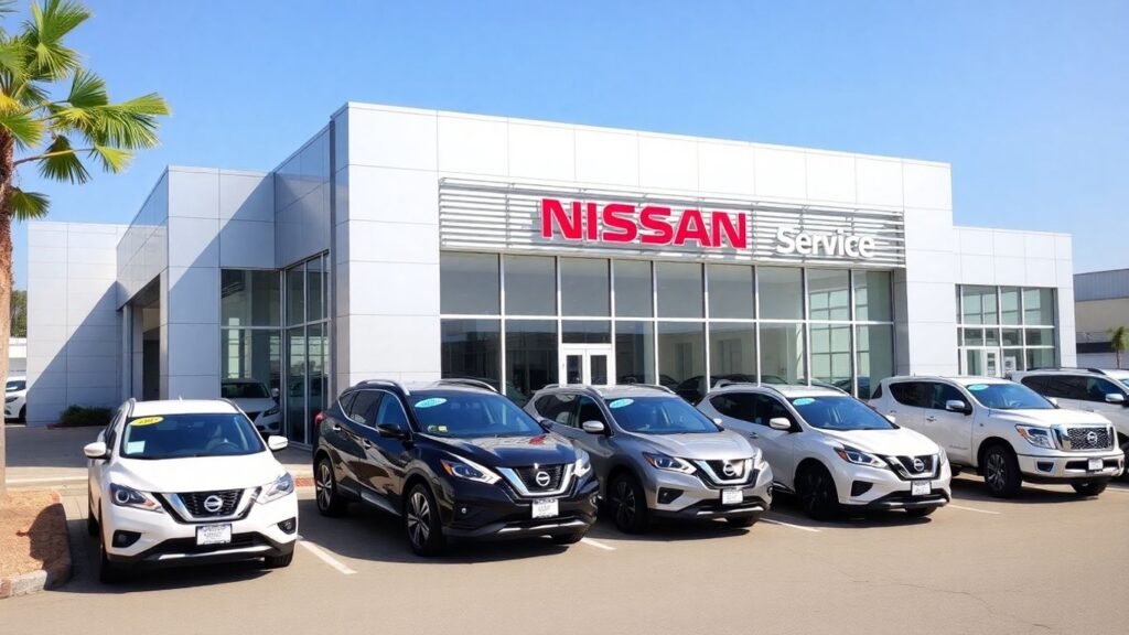 Nissan dealership exterior with new cars.
