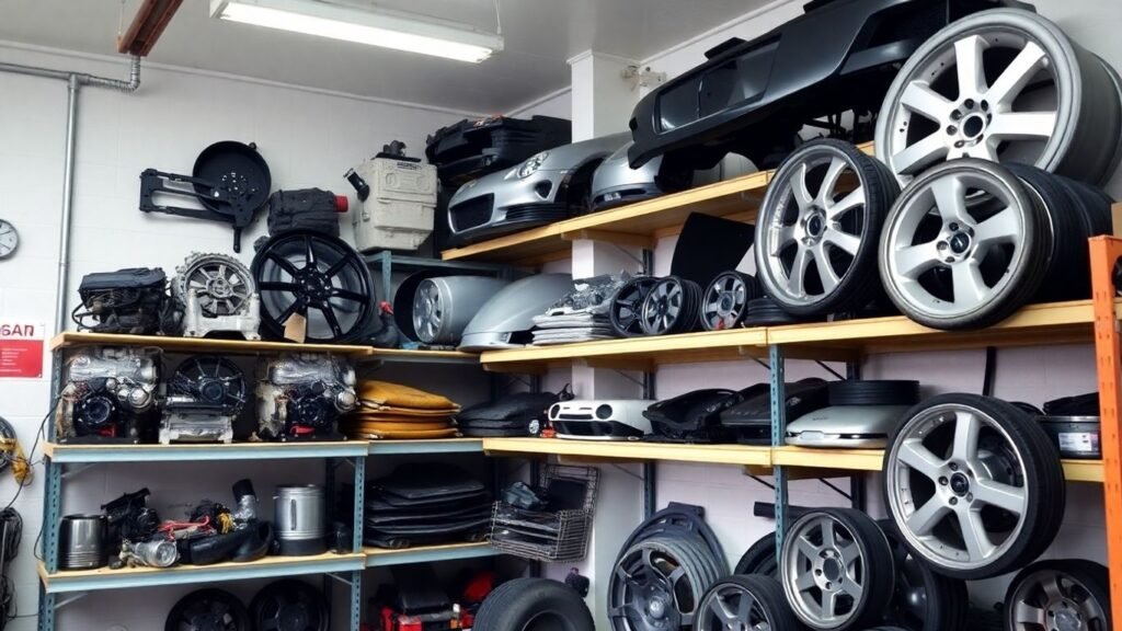 Used Nissan car parts in a garage