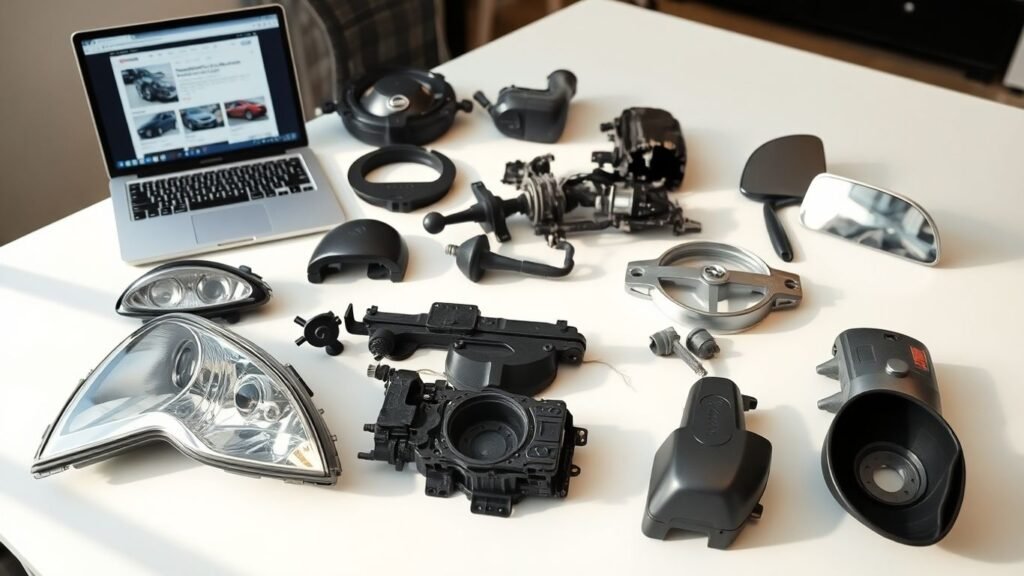 Used Nissan parts and laptop on clean table