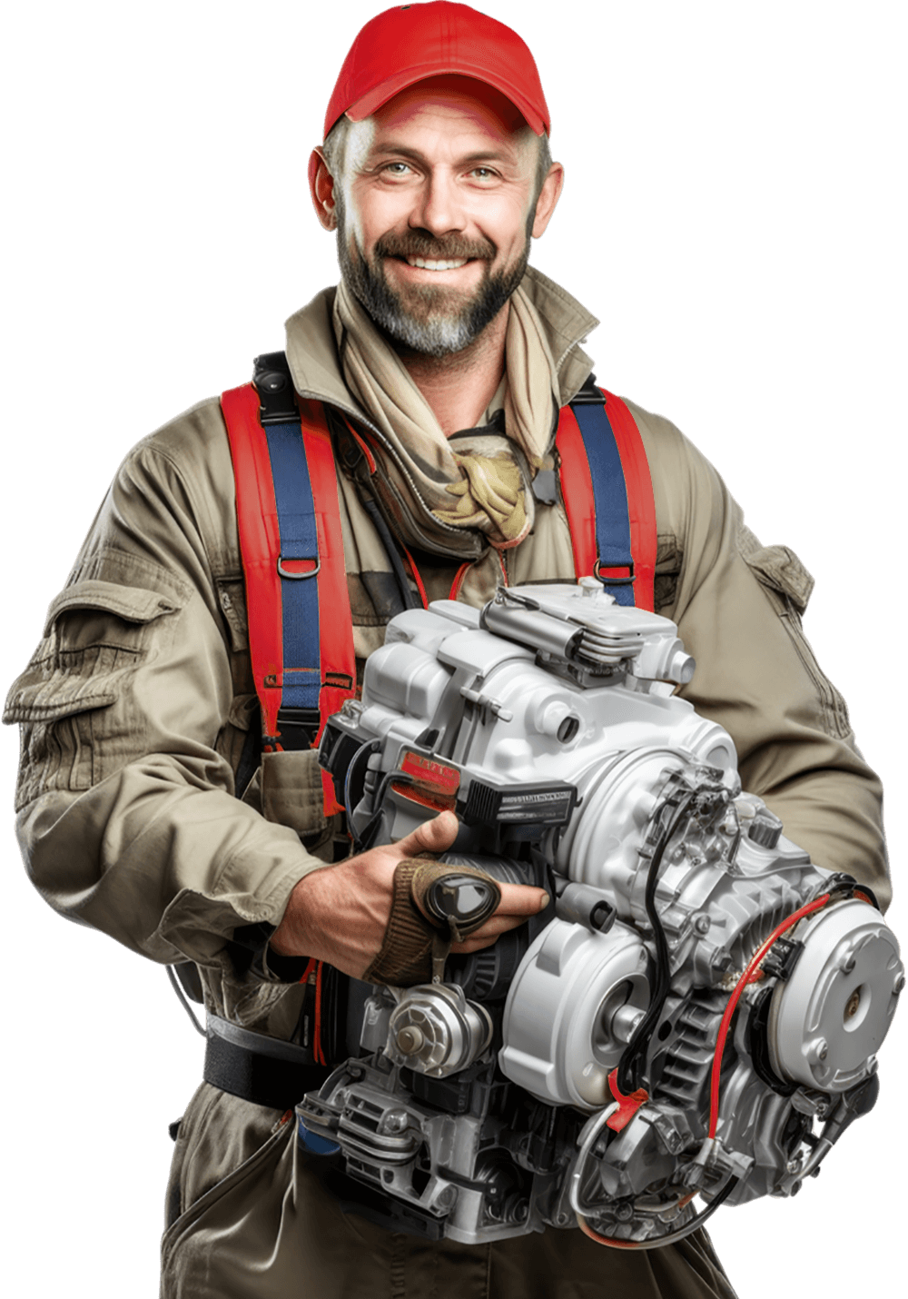 a man holding a engine
