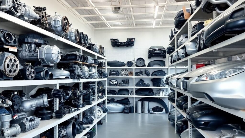 Nissan used auto parts displayed on shelves.