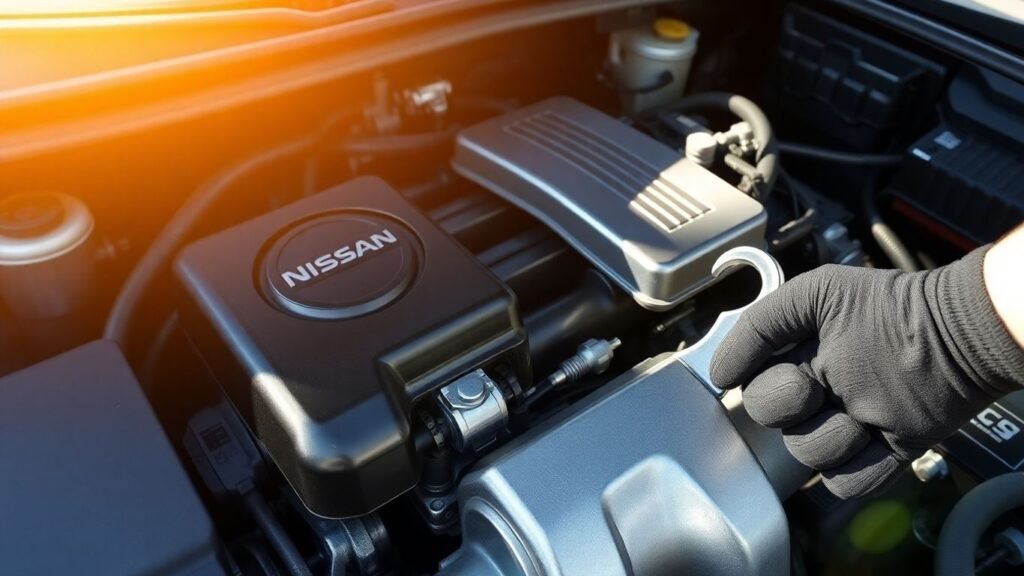 Nissan engine bay with clean parts and tools.