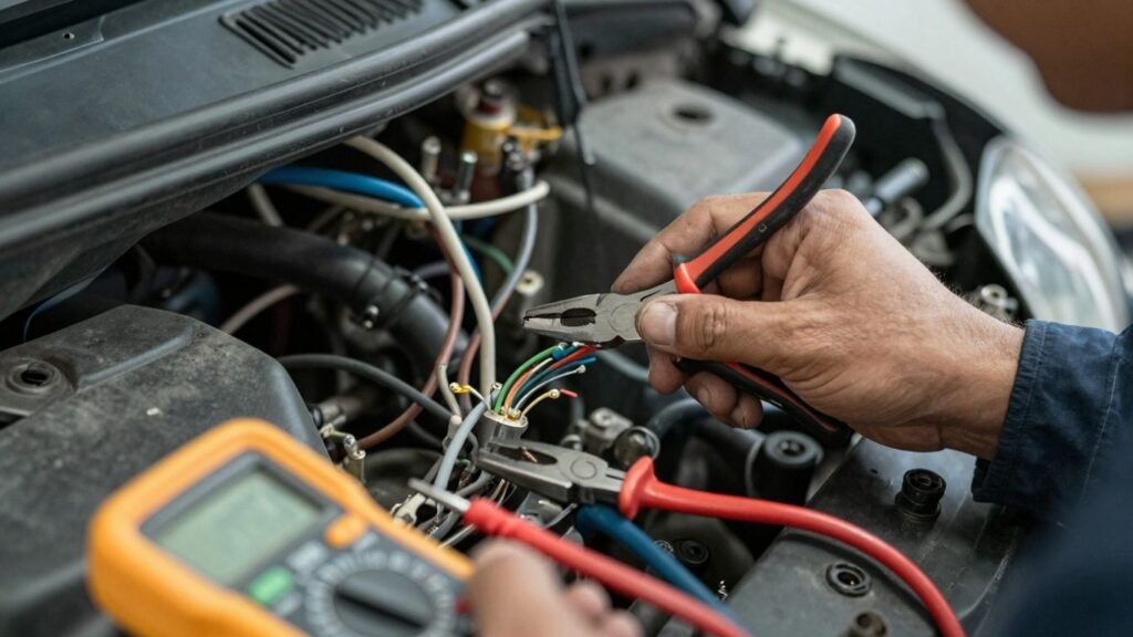 Mechanic fixing Nissan car electrical wiring