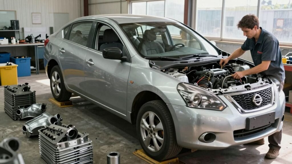 Nissan car being recycled at a wrecking yard.