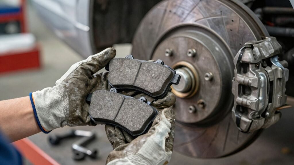 Hands holding new Nissan brake pads near car brake.