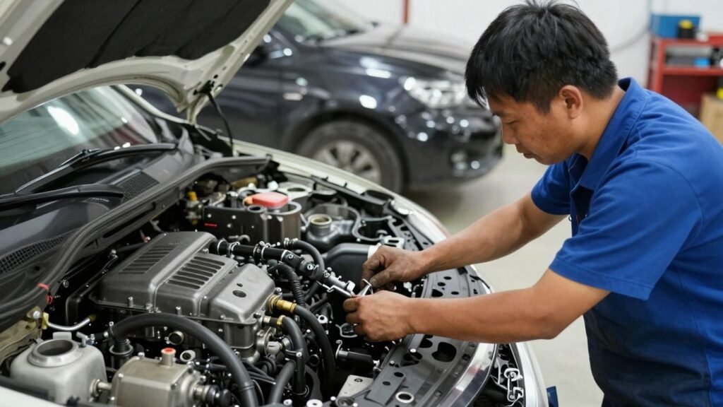 Nissan car parts at a wrecking yard.