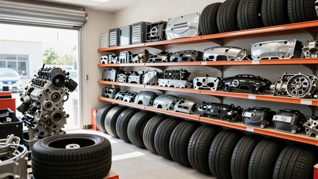 Nissan parts displayed in a Brisbane auto shop.