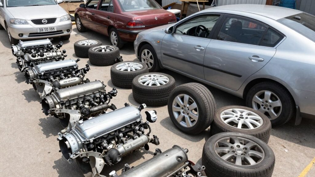 Nissan car parts at a wrecking yard.
